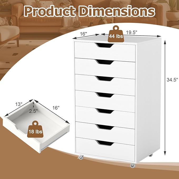 Giantex Drawers Cabinet Mobile Lateral Filing Organizer with 7 Drawers and Wheels Mobile Side Cabinet Chest for Home Office Storage Use 7-Drawer Dresser (19” x 16” x 34.5”, White)