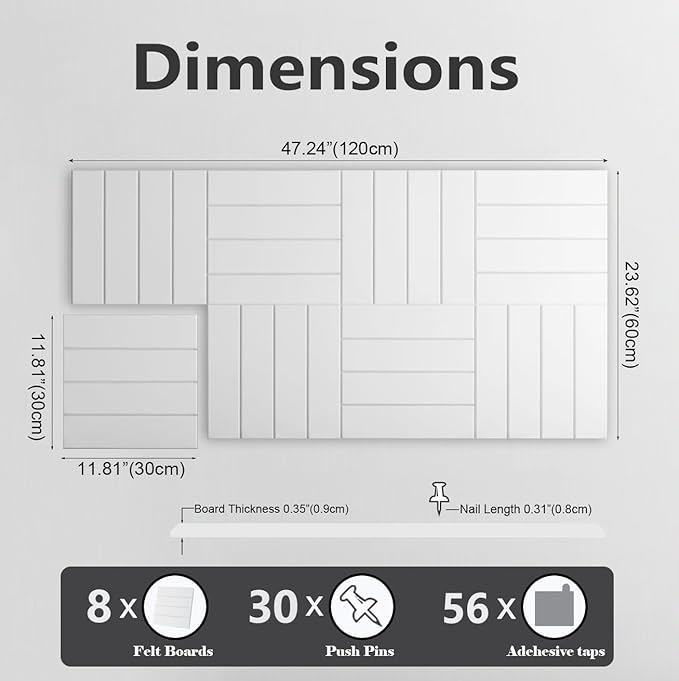 G Gamit Large Felt Wall Tiles Bulletin Board,Large Cork Board Alternative with 30 Pushpins,8-Pack Felt Pin Board with 56 Safe Removable Adhesive Tabs for Home Office School (White)