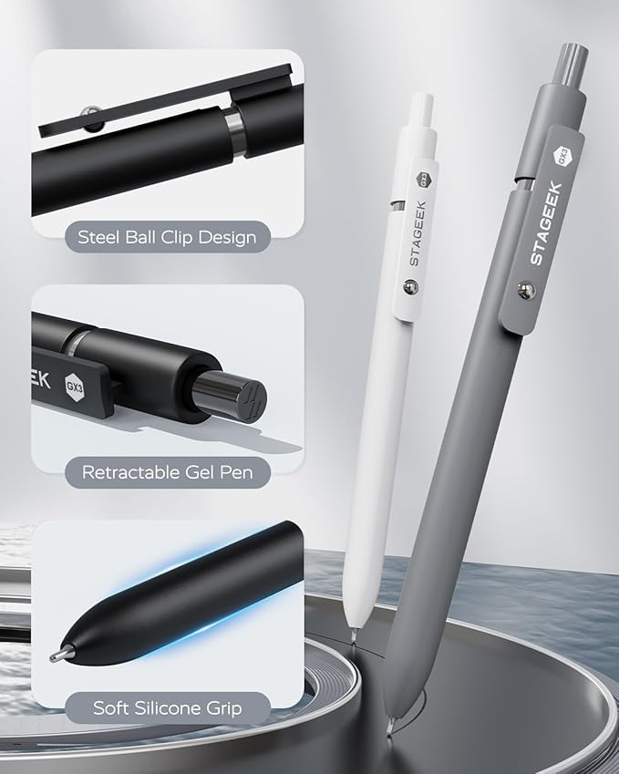 STAGEEK Black Gel Pens, 6Pcs Fine Point Smooth Writing Pens with 3 Extra Refills, Black Ink Pens for Journaling, Office, Note Taking, School Supplies, Nurse Aesthetic(Black Gray White)