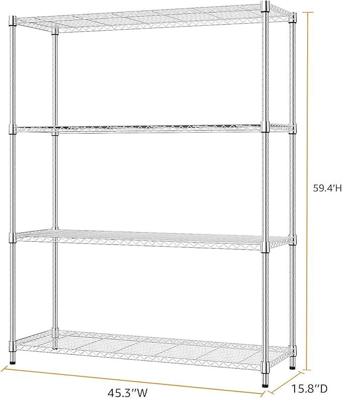 M MZG 5-Shelf Storage Shelves,Wire Shelving Heavy Duty Metal Storage Shelving Unit Adjustable Garage Shelving Rack Pantry Kitchen (Chrome, 4 Tier,15.8" D x 45.3" W x 59.4" H)