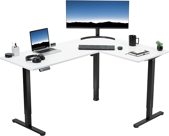 VIVO Electric Corner 63 x 47 inch L-Shaped Standing Desk, Memory Height Adjustment, White Top Black Frame, DESK-E3CTBW-47