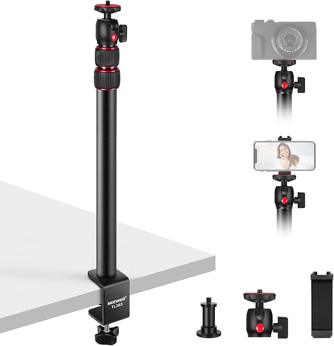 NEEWER Camera Desk Mount with Phone Holder & 360° Ball Head, 17"-40"/43-102cm Telescopic C Clamp Table Light Stand 1/4"Screw, Desktop Stand 6.6lb/3kg Max Load for DSLR Camera, Webcam, Ring Light,TL283