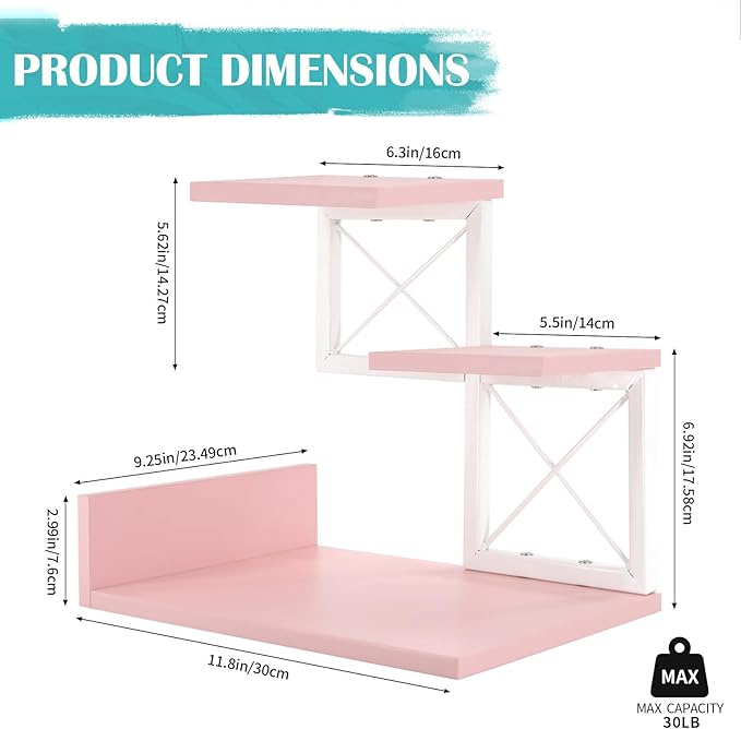 Jolitac Wood Desktop Shelf, Desktop Organizer Office Storage Rack Adjustable Wood Display Shelf 3 Tier Storage Display Rack Office Decor Stand Shelves with Metal Frame (Pink)