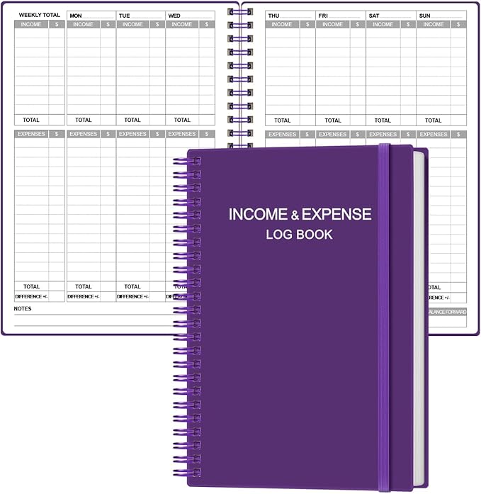 Heveboik Income & Expense Log Book - A5 Income and Expense Tracker for Small Business, Accounting Bookkeeping Tracking for Woman and Man, 5.8" x 8.3", Purple