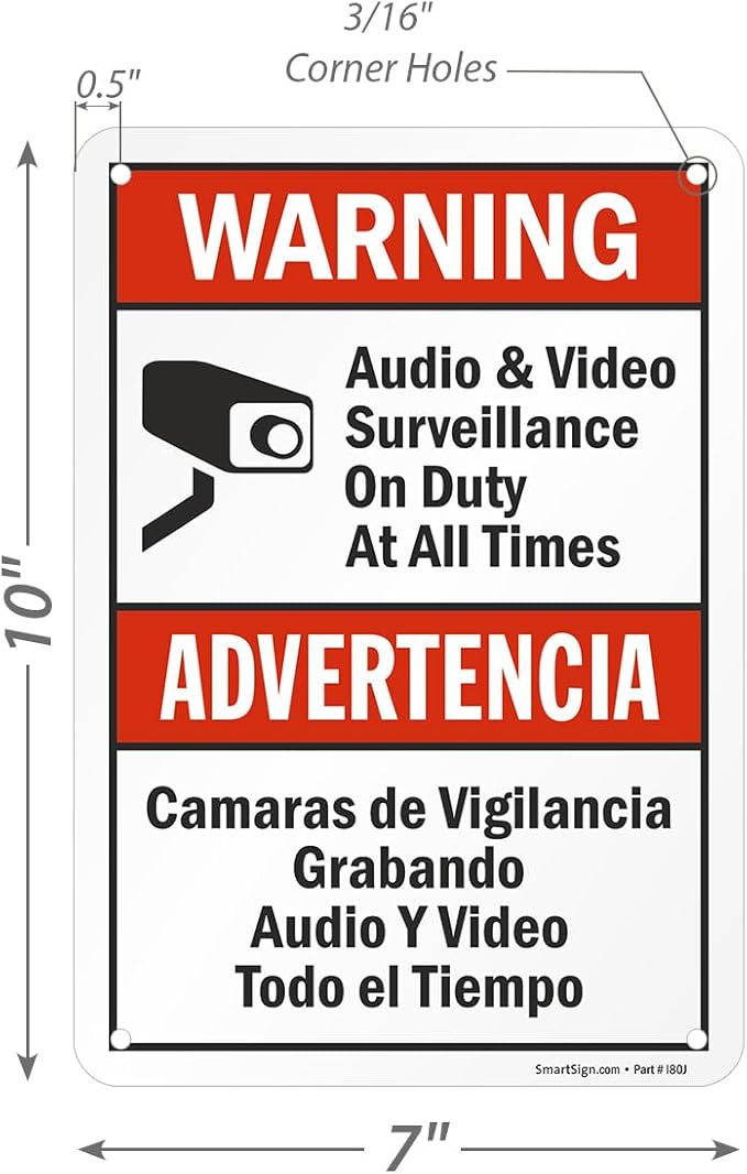 SmartSign 2-Pack 'Warning Audio And Video Surveillance On Duty At All Times' Bilingual Sign - 7" x 10", 40 mil Laminated Rustproof Aluminum Metal, Red, Black and White, Fade-Resistant, Made in USA