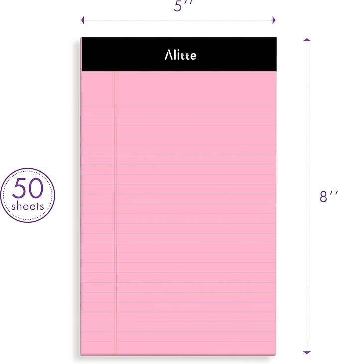 Alitte Colored Legal Notepads 5x8, Pack of 12- Perforated Narrow Ruled Writing Pad - Premium Thick Paper, No Ink Bleeding - Legal Pads For Home, Office, School, Business - 50 Sheets Per Notebook