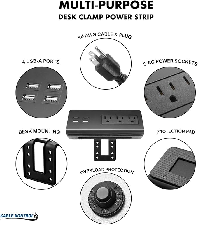 Kable Kontrol Desk Clamp Power Strip with 4 USB-A Ports, Nightstand Charging Station, 3 AC Outlets, Fast Charger, Easy Installation for Home, Offices, Hotels – 4.9 Ft, Black, 200 Pcs