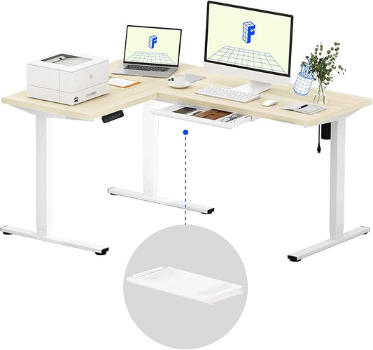 FLEXISPOT L Shaped Standing Desk, 63 x 47 Inch Electric Height Adjustable Corner Desk, Sit Stand Computer Workstation, Preset Controller, Home Office, White Frame with Maple Top, White Drawer