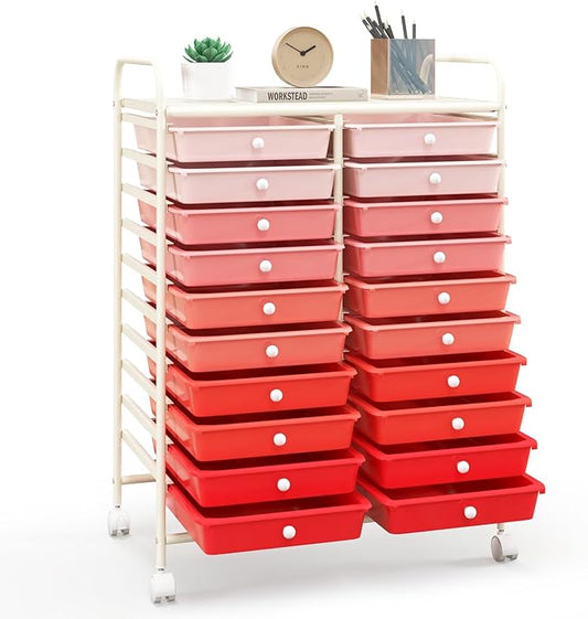 Happygrill 20-Drawer Organizer Cart Tools, Mobile Utility Storage Cart with Removable Drawers & Lockable Wheels, Rolling Storage Cart with wheels for Home Office School(Gradient Pink)