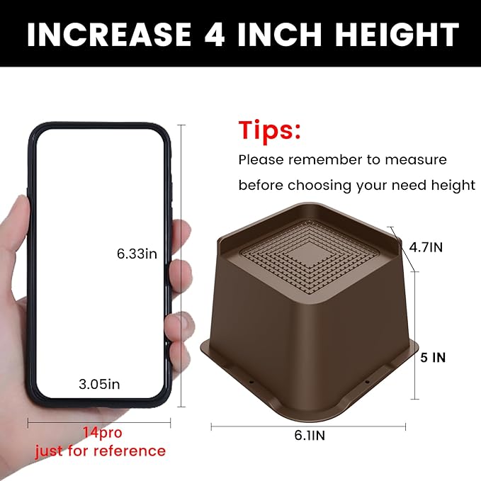MXMZHXU Bed Risers 2 inch, 3 inch, 4 inch, 6 inch or 8 inch Heavy Duty Furniture Risers, Up to 6000 Lbs L Shaped Design Bed Lifts Blocks for Couch Desk Sofa Table (Dark Brown 4 Pack, 5 Inch)