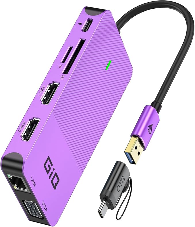 USB Docking Station GIQ USB C HUB USB 3.0 to Dual HDMI VGA Adapter Triple Display USB C Laptop Docking Station Dual Monitor HDMI Splitter Extender Compatible with MacBook M1 M2 USB Dock-Purple