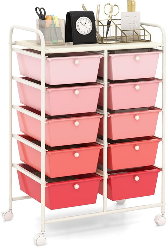 HAPPYGRILL 10-Drawer Rolling Storage Cart, Storage Organizer Cart with Lockable Wheels, Beauty Salon Movable Utility Cart for School, Office, Home, (Pink)