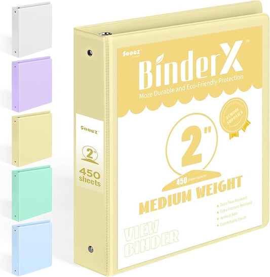 BinderX Extra Durable 3 Ring Binder, Round Ring 2 Inch Binders, Fits 450 Sheets of 8.5x11 Paper, Customizable View Cover with Inside Pockets, Cute 2" Binder, School Supplies for Girls, Yellow