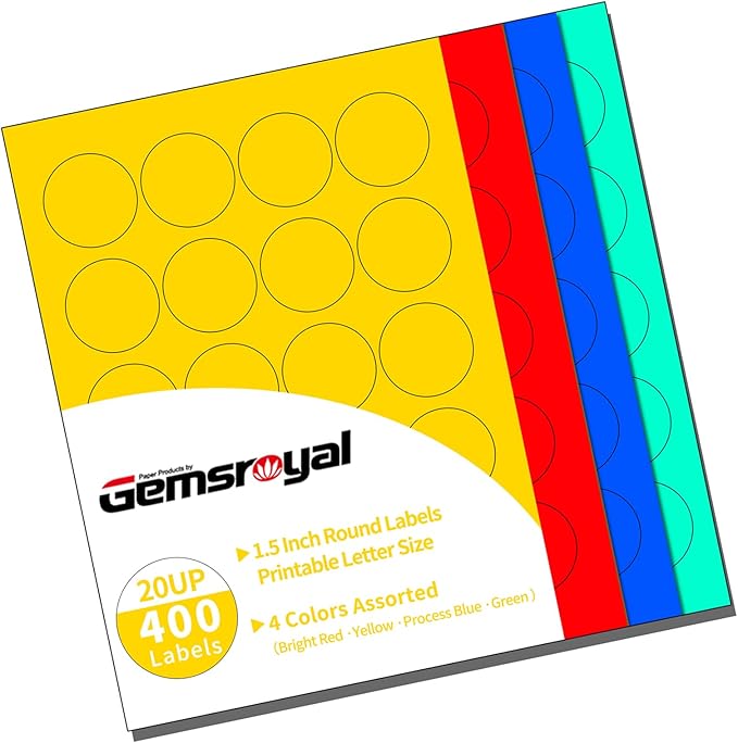 Gemsroyal 1.5 Inch Colored Round Labels Printable, 1.5" Color Coding Labels for Printer,1.5 Colorful Custom Round Stickers,4 Colors Assorted(Red,Yellow,Blue,Green),400 Neon Circle Labels in Total