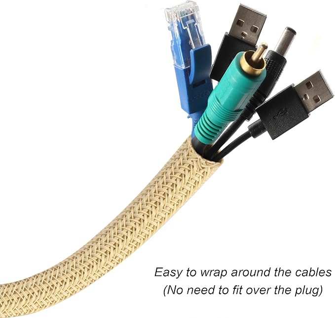 CrocSee 25ft - 1/2 inch Braided Cable Management Sleeve Cord Protector - Self-Wrapping Split Wire Loom for TV/Computer/Home Theater/Engine Bay - Beige