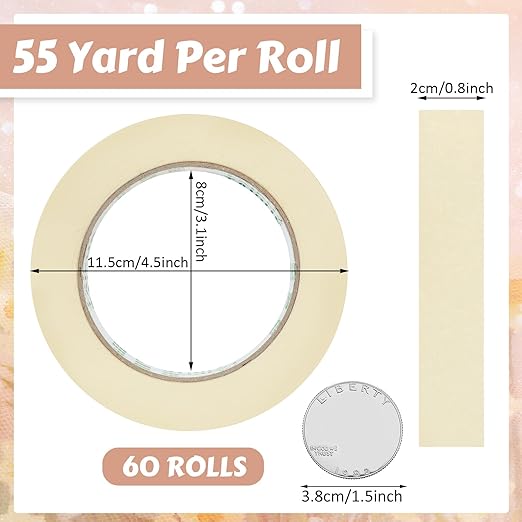 Fainne Masking Tape Bulk General Purpose Masking Painting Tape 55 Yards for Painting Home Office School Stationery Arts Crafts Basic Use, Easy Removal(60 Rolls,0.8 Inch)