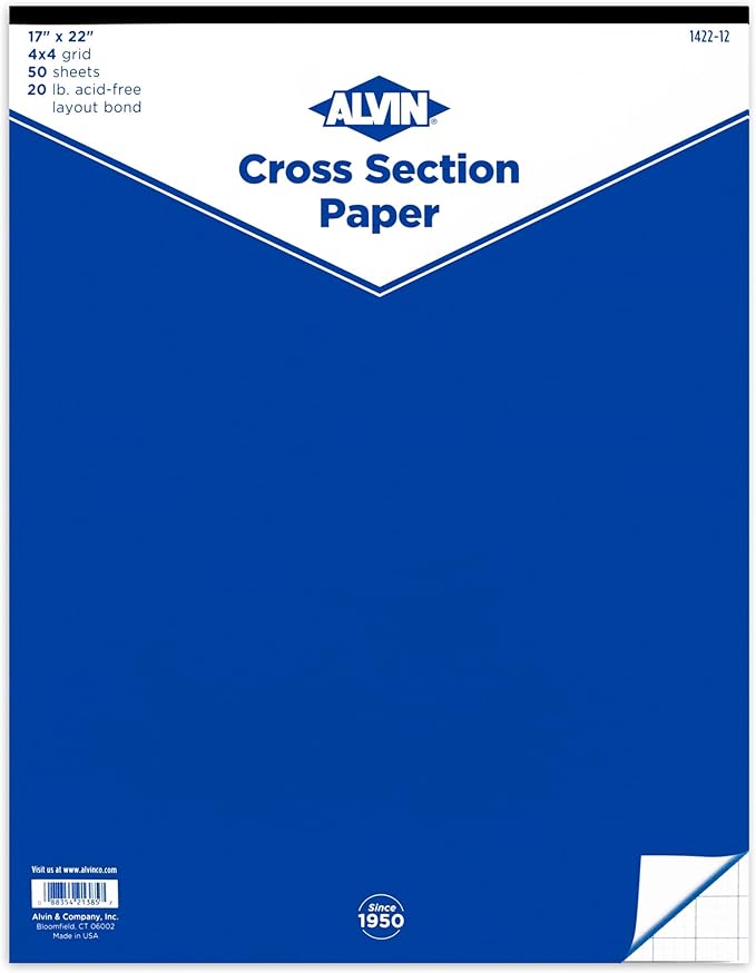 ALVIN Cross Section Graph Paper Pad 50 Sheets 17" x 22" Model 1422-12 Acid-Free blue grid paper for drafting 4 x 4 Inches Grid - 50 Sheet 17 x 22 Inches