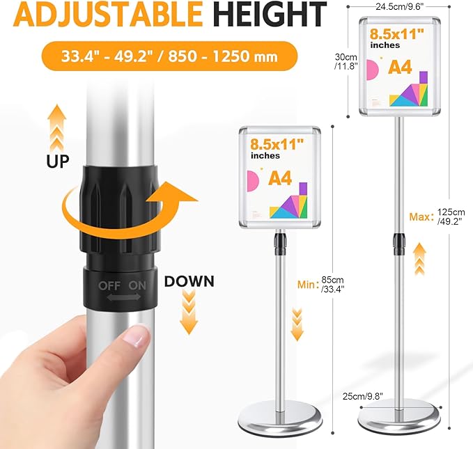 RedChili 2 Pack Sign Holder Stand 8.5x11 Inch, Adjustable Floor Standing Sign Holder Signage Stand with Aluminum Snap-Open Frame Vertical Horizontal View Display For Malls Schools Restaurants (Silver, Round Corner)