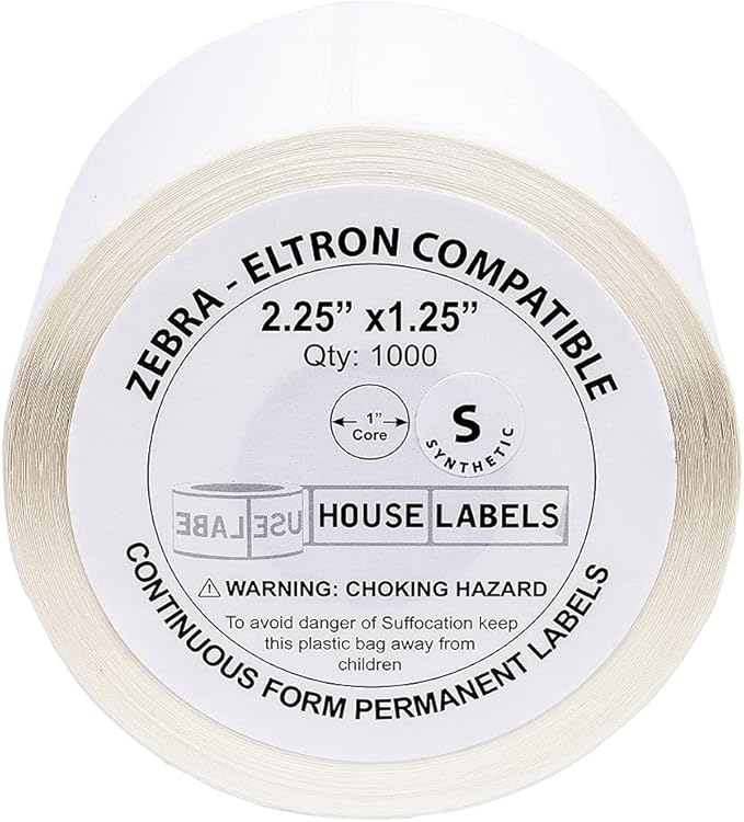 HOUSELABELS 2.25" x 1.25" Address Labels on 1" Core in Polypropylene Compatible with Zebra and Rollo Printers, 2 Rolls / 1,000 Labels per Roll