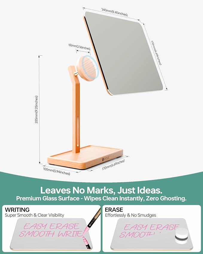 YEOUX Premium Desktop Glass Mirror, Dry Erase Board & Magnetic Phone Stand 3-in-1 | 360° Adjustable | Solid Wood | Compatible with Magsafe, Small Whiteboard for Office Home Desk
