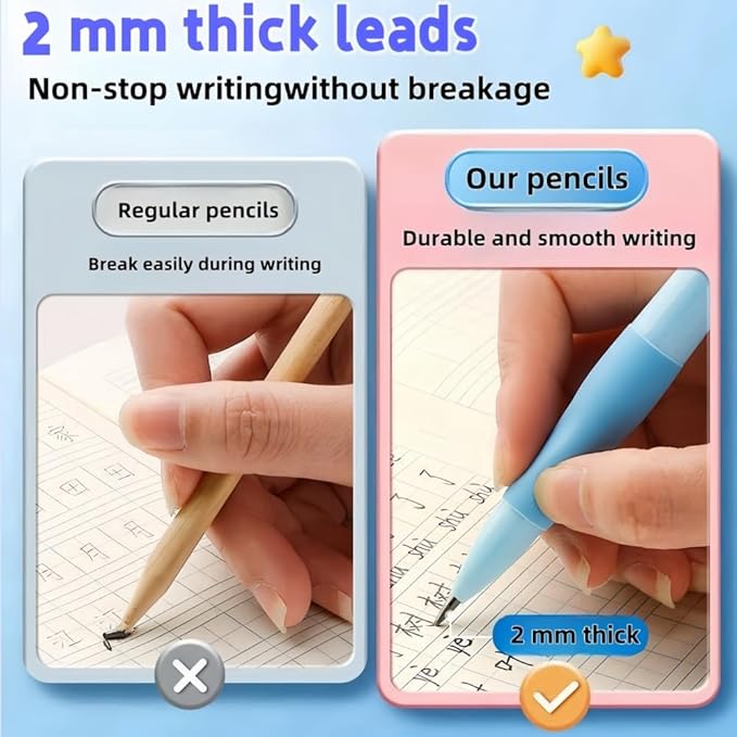 Inclock Handwriting thick mechanical pencils with grip: 2.0MM HB Pencil for kids with 14 leads (2 pack blue&yello)