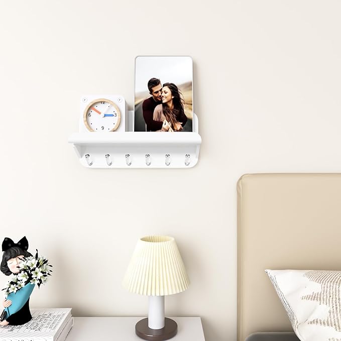 Beego Entryway Key Holder for Wall - White Acrylic Key Rack with Shelf Decorative Key Hanger Wall Mount Mail Organizer with 6 Key Hooks for Office Hallway Kitchen Living Room Home Décor