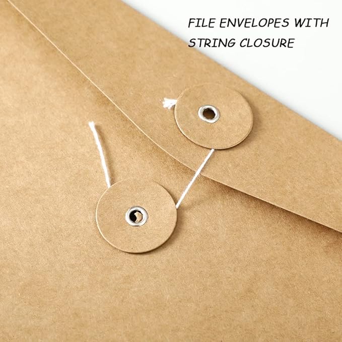 10pcs A4 Kraft Paper Envelopes Portfolio Foolscap File Folders Document Folder with String Fastener Closure Wallet Pockets File Bags Storage Pouch Paperwork Organizer Bag for Office School Home