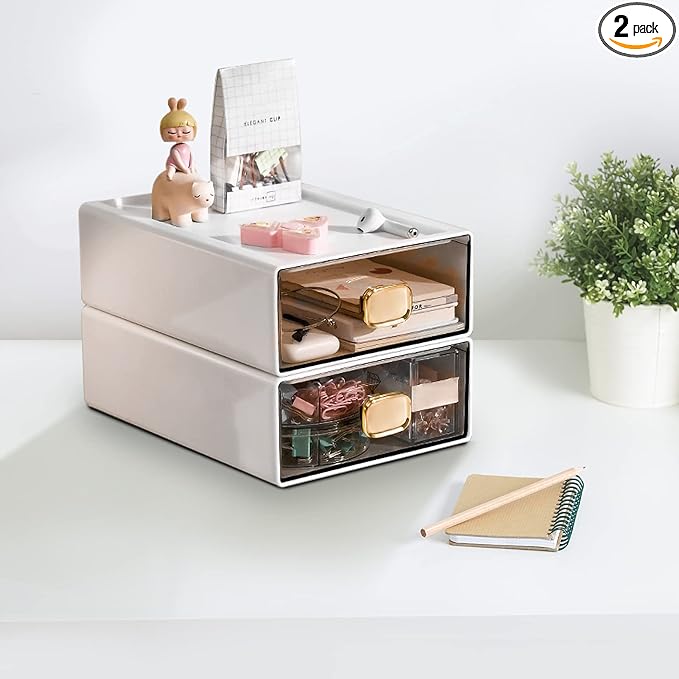DETEIN 2 PACK Stackable Desk Organizer Stackable Storage Drawer Small Desk Organizer with Drawer Plastic Desktop Storage Organizer for Home, Office, Crafts, Pencils (White, M-1 Drawer, Pack of 2)