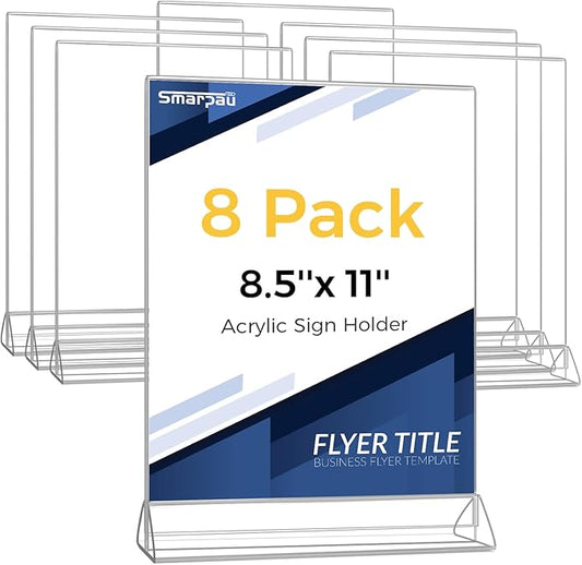 Smarpau Acrylic Sign Holder 8.5x11, 8 Pack Double-Sided Picture Frames Display Stand, Clear Table Number Holders, Plastic Menu Flyer Photo Holders for Office Store Restaurant
