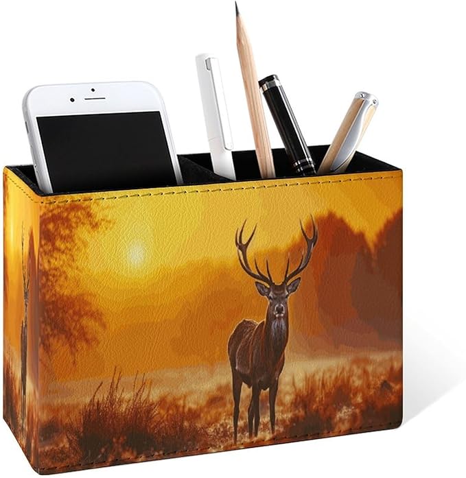 Famame Fall Deer Sunset Pencil Holder for Desk, Leather Desktop Container Pen Cup Storage Study Table Pen Organizer Makeup Brush Holder for Classroom Office Home