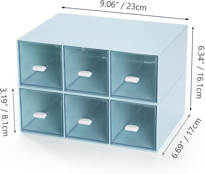 OSteed Desktop Drawers, Desk Organizer with 6 Drawers, Stackable Plastic Storage Box for Home Collection, Cosmetics, Jewelry, Office Supplies (2 Tall Layers, Blue)