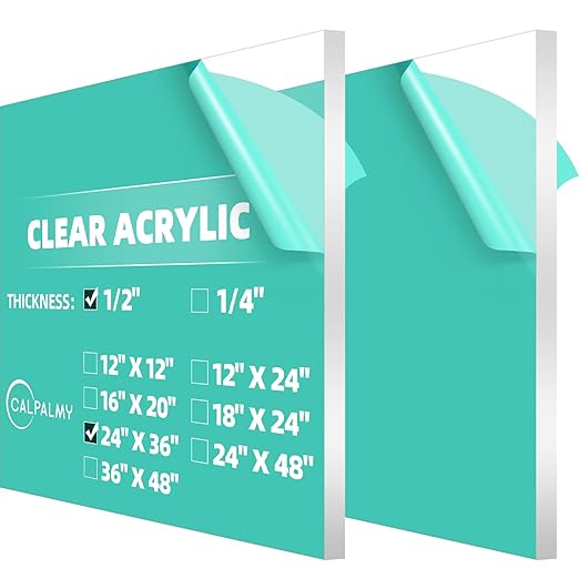 CALPALMY (2 Pack) 1/2" Thick Clear Acrylic Sheets 24" x 36", Pre-Cut Plexiglass Sheets for Craft Projects, Acrylic Signs, Display Cases or Shelving and More - Easy to Cut with Power Saw etc