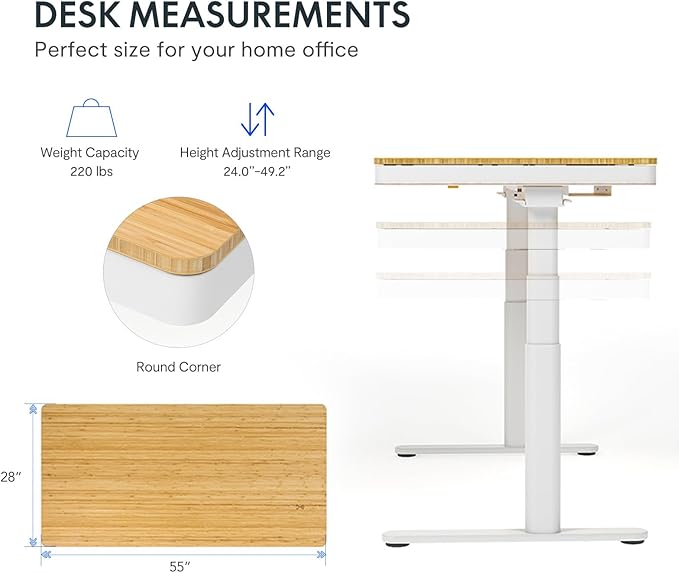 SANODESK Standing Desk with Drawer,Dual Motor 3 Stage Electric Height Adjustable Home Office Desk with Storage & Wireless Charging, 55 inch Bamboo Tabletop/White Frame