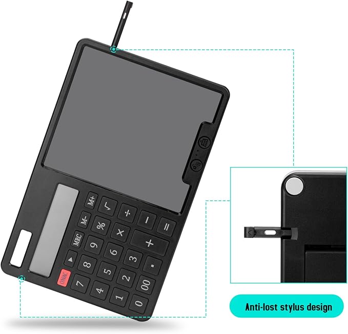 HIHUHEN Calculator with Writing Pad - Solar & Battery Dual Power Supply - 12-Digit Large Display Calculator for Business and Office Use (Black)