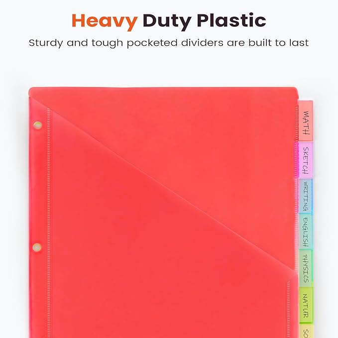 Sooez 8 Count Dividers with Pockets, 8 Tabs Binder Dividers for 3 Ring Binders, Binder Dividers with tabs, Binder Divider with Pockets for US Letter Size, Insertable Big Tabs, Red, Set of 1