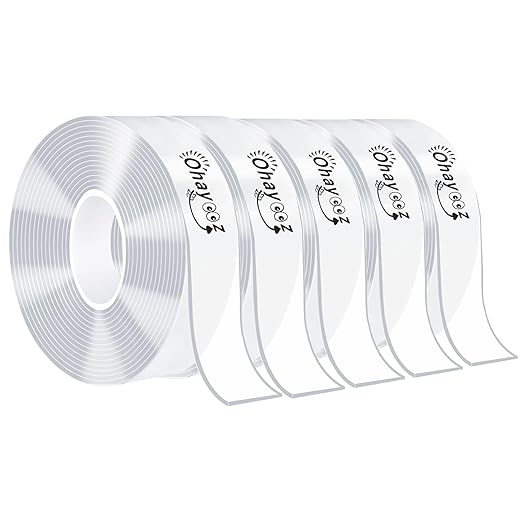 Ohayooz® Extra Strong Double Sided Tape Heavy Duty Removable 50FT, Clear Sticky Adhesive Nano Tape Tough Washable Waterproof Mounting Tape for Hanging Picture, Poster, Carpet, Photo Deco, Pack of 5