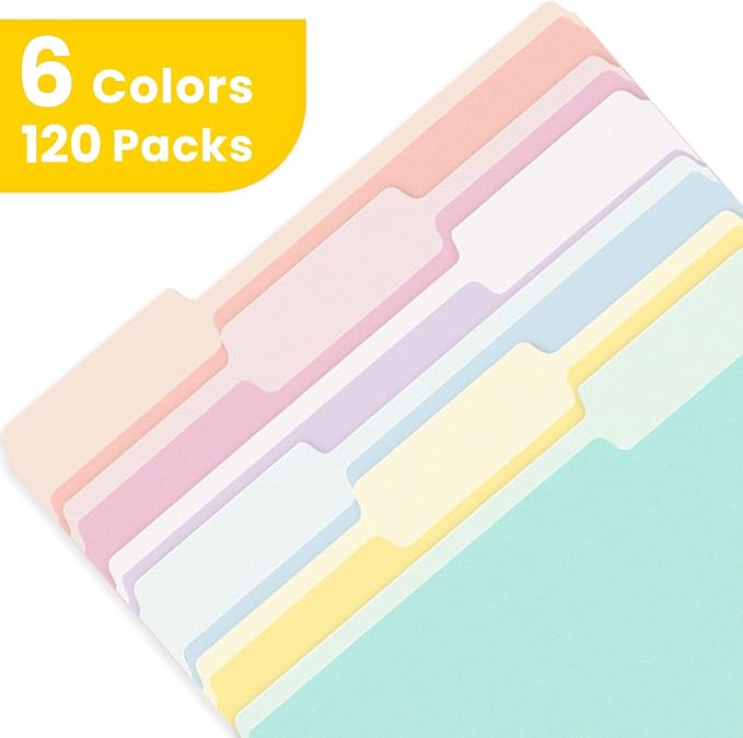 SUNEE File Folders, 120 Pack Manilla Folders 8.5 x 11, Colored File Folders Home Office School Supplies for Documents Files Paper, 6 Soft Colors