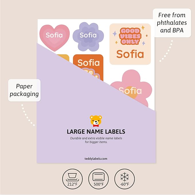 Large Name Labels for Kids (33) - Custom Stickers for Daycare and School Supplies - Durable, Waterproof Stickers for Water Bottles, Lunch Boxes, and More with Unique Designs - Flower Power