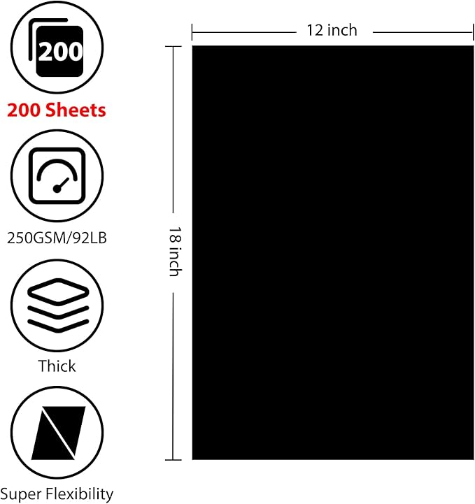 OcePor 200 Sheets Black Cardstock 12” x 18”, 92lb/250gsm Black Card Stock, Thick Card Stock Paper, Heavy Cardstock Paper for Printer, Resume, Scrapbooks, Art, Crafts, Business Cards