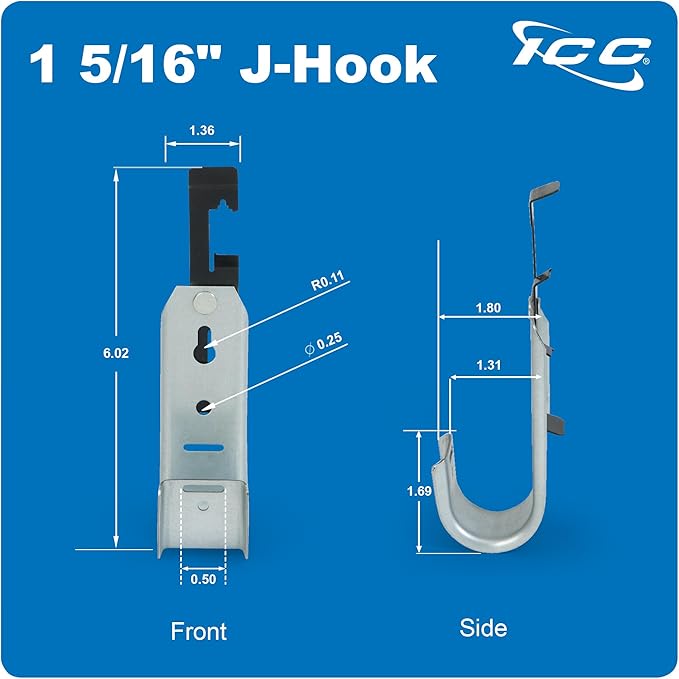 ICC Batwing J Hook 1 5/16” Without Retainer Clip - Galvanized Steel Cable Management Hooks for Hanging Cable to Hanger Wire and Threaded Rod - Rust-Resistant, EIA and TIA Compliant, 1 5/16 in 25 Pack