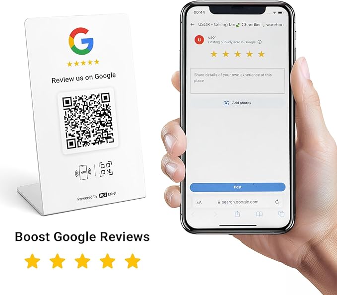 HotLabel Review Stand 1-Pack + Bonus Review Tap Card 1-Pack + For Boosting Business Reviews + White + NFC Tap & QR Code + Supports 2 Different Stores or Same + No App/No Subscription