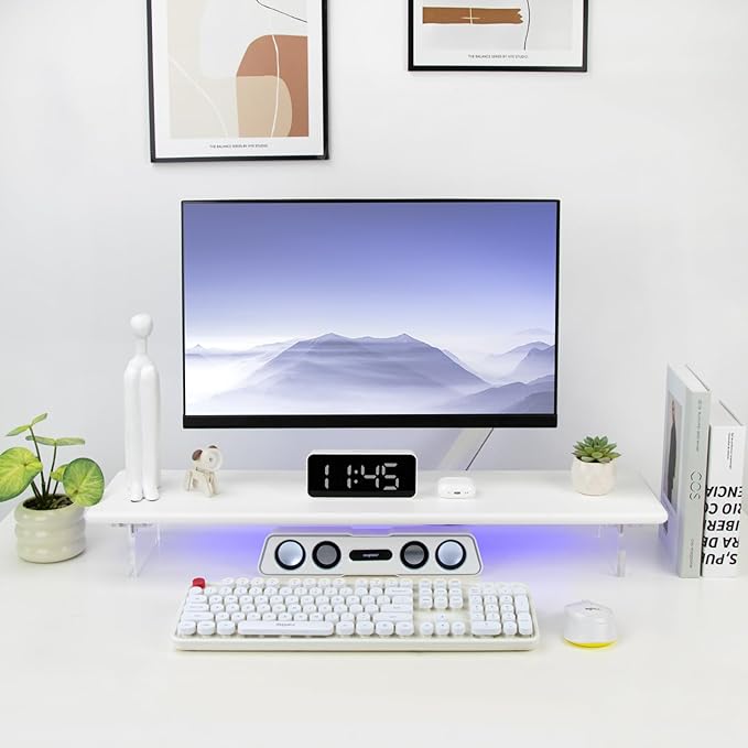 ROCDEER Bamboo Monitor Stand Riser with RGB Lights,31.5 Inches Desktop Shelf with Acrylic Legs Supports for Desk, PC Computer Monitor, Laptops, Printer, Speakers (White)