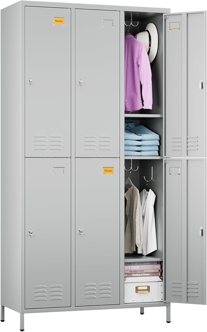 SUPEER 6 Doors Metal Locker Employee with Business Card Holder,Metal Locker for Employees with 18 Hooks for School Garage Office Gym Home,Assembly Required,Light Grey