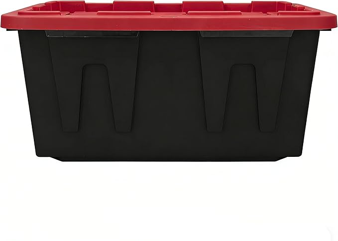 4-Pack Heavy Duty 27 Gallon Plastic Storage Bins with Lids - Stackable Large Storage Totes for Garage, Home Organization & Moving Supplies (Black Bases & Red Lids)