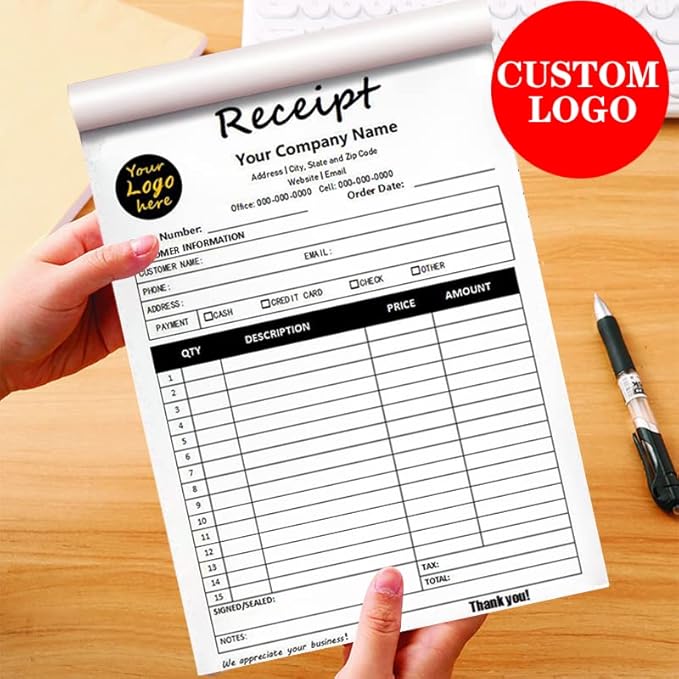 Custom Carbonless Sales Invoice Form Books for Small Business, Personalized NCR 2-Part Receipt Book with Carbon Copies, Cover Add Company Name, Address and Number Printed