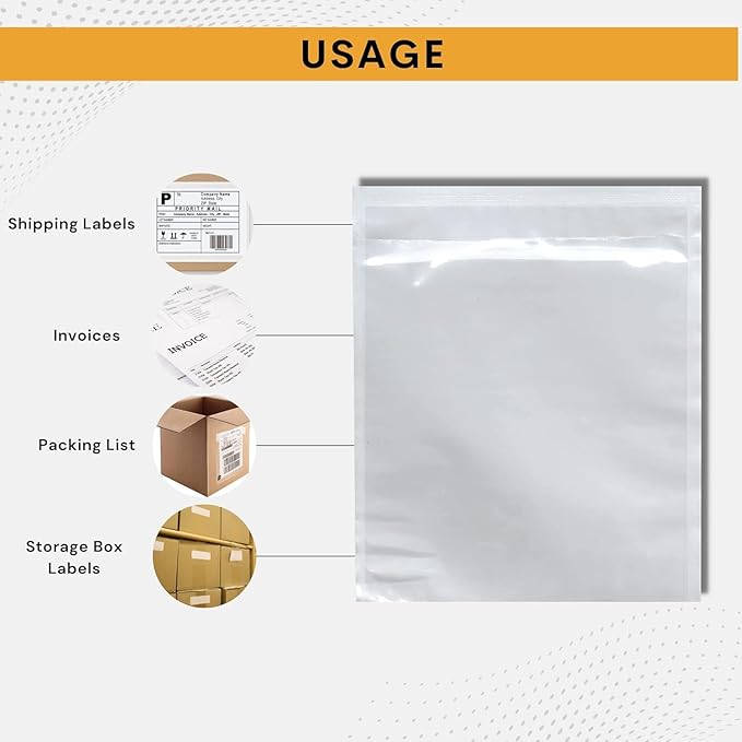 100 Pack 7"x10" Shipping Label Sleeves – Clear Self-Adhesive Packing Slip Pouches, Waterproof Packing List Envelopes – Ideal for Shipping Documents, Mailing Labels, Invoices & Packing Slips