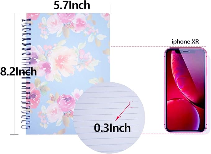 Yansanido Spiral Notebook, 4 Pcs A5 Thick Flower Design Hardcover 8mm Ruled 4 Color 80 Sheets -160 Pages Journals for Study and Notes (flower)