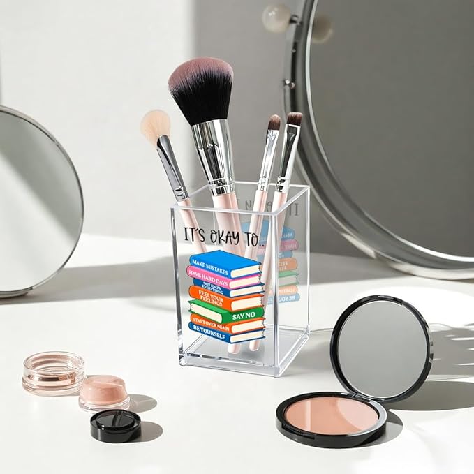 Vgrti It's Okay To Make Mistakes Acrylic Cosmetic Pencil Pen Holder Cup, Motivational Desk Organizer Accessory for Office School, Inspirational Quote Gifts for Women Book Lover Coworker Sister Teacher