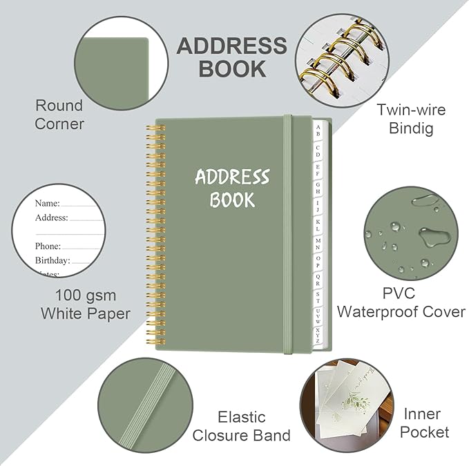 Address Book with Alphabetical Tabs - A5 Telephone & Address Book with Address Contacts, Special Date, Phone, Birthday & Internet Login Password for Home and Office, 6.2" x 8.5", Green