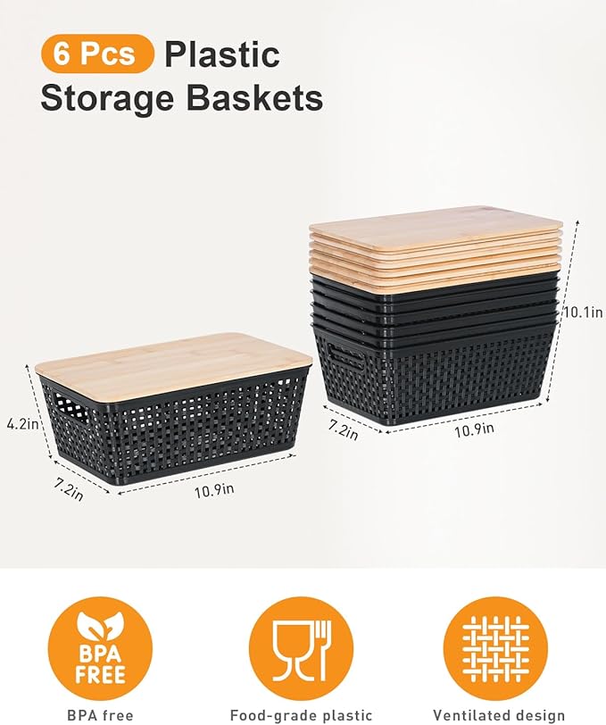 Anywish Storage Bins with Lids 10 Packs, Plastic Storage Bins with Bamboo Lids for Pantry Organization and Storage Containers for Shelves Drawers Desktop Closet Playroom Classroom Office Home, Black